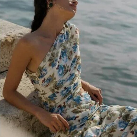 NWT Posse Joslin Asymmetric Printed Cotton-Blend Maxi Dress Color MEADOW sz XXS - Picture 2 of 5